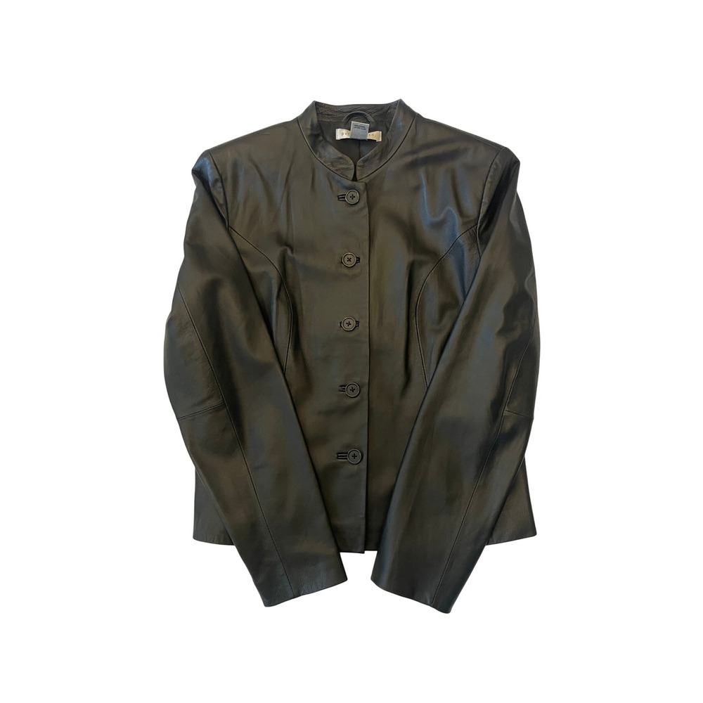 Black Genuine Leather Mandarin Collar Button Front Jacket 10 by Pursuits Ltd